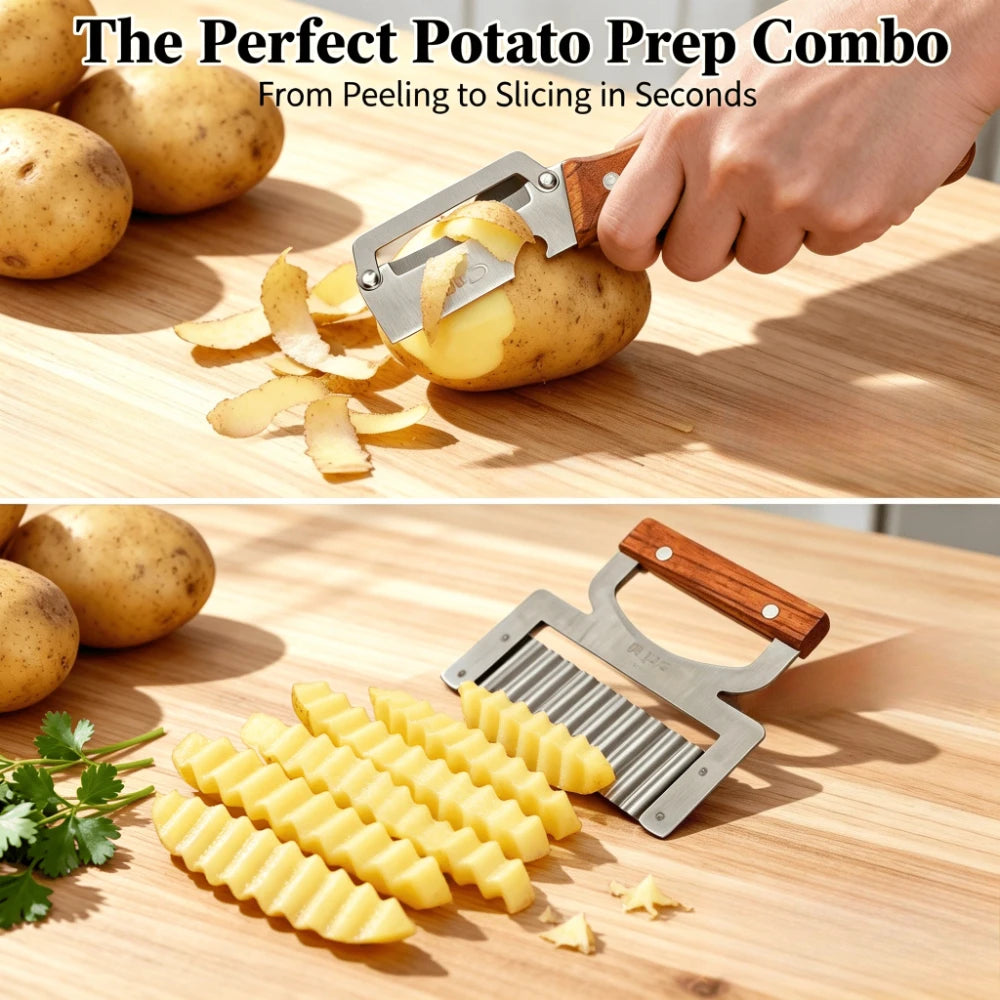 Wooden Handle Peeler & Wavy Cutter Set – Stainless Steel Kitchen Peeler Set Axl