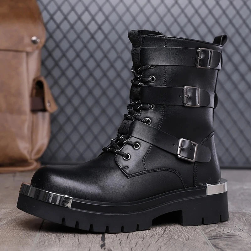 Men's Punk High Top Motorcycle Boots – Buckle & Side Zipper Motorcycle Boots Axl