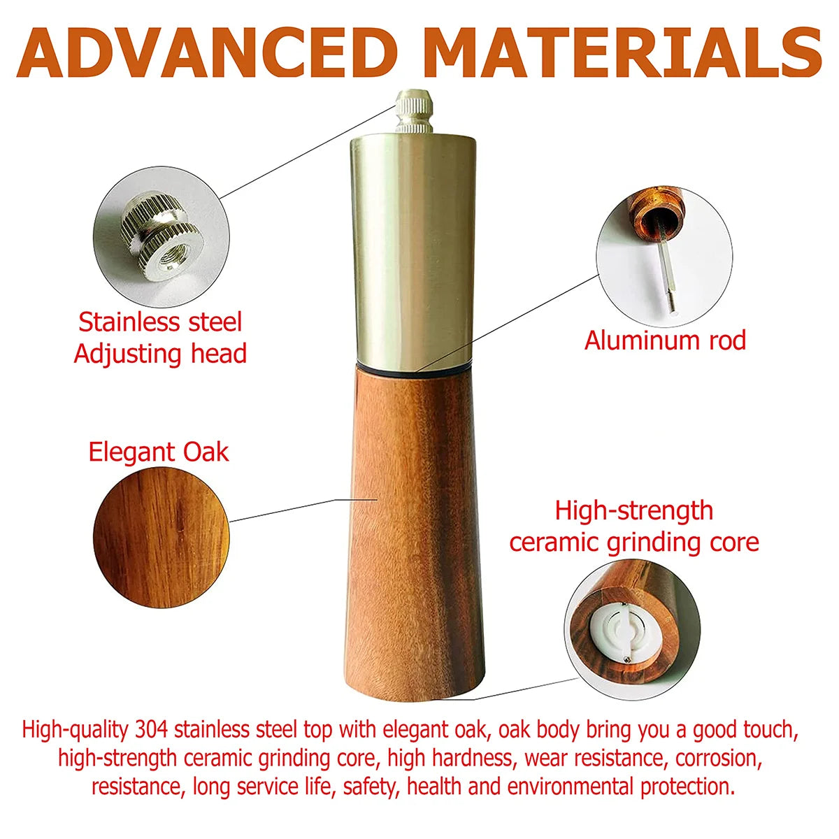 Leeseph 2PC Acacia Wood Salt & Pepper Grinder Set | Ceramic Core Salt & Pepper Mill Set Axl