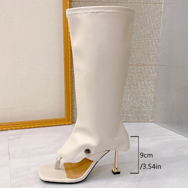 Women's Square Toe Mid-Calf High Heel Zip Boots | Summer Style High Heel Boots Axl