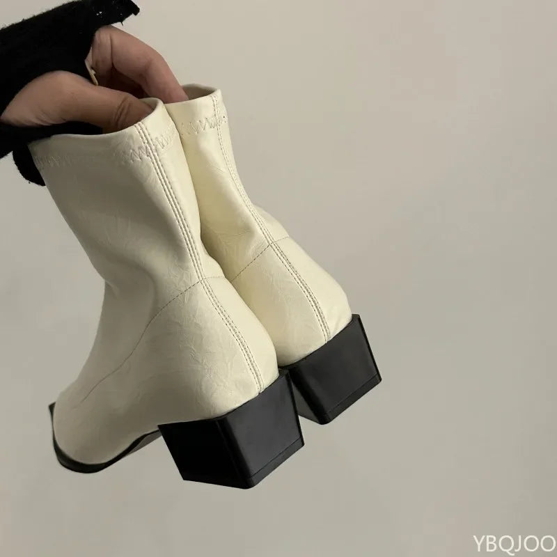 YBQJOO Women's Pointed Toe Ankle Boots | Block Heel Slip-On Women's Ankle Boots Axl