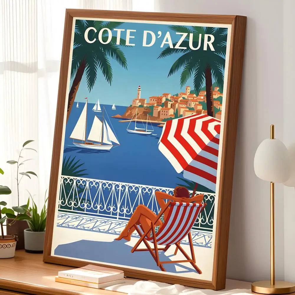 French Riviera Vintage Travel Poster – Self-Stick Wall Art Vintage Wall Poster Axl