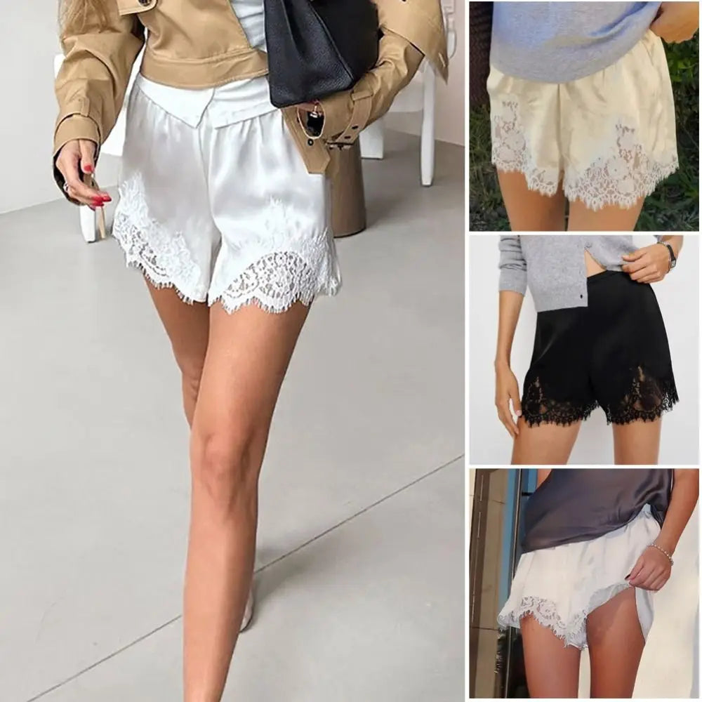 Women's Satin Lace Sleep Shorts – Elastic Waist Pajama Bottoms Pajama Sleep Shorts Axl