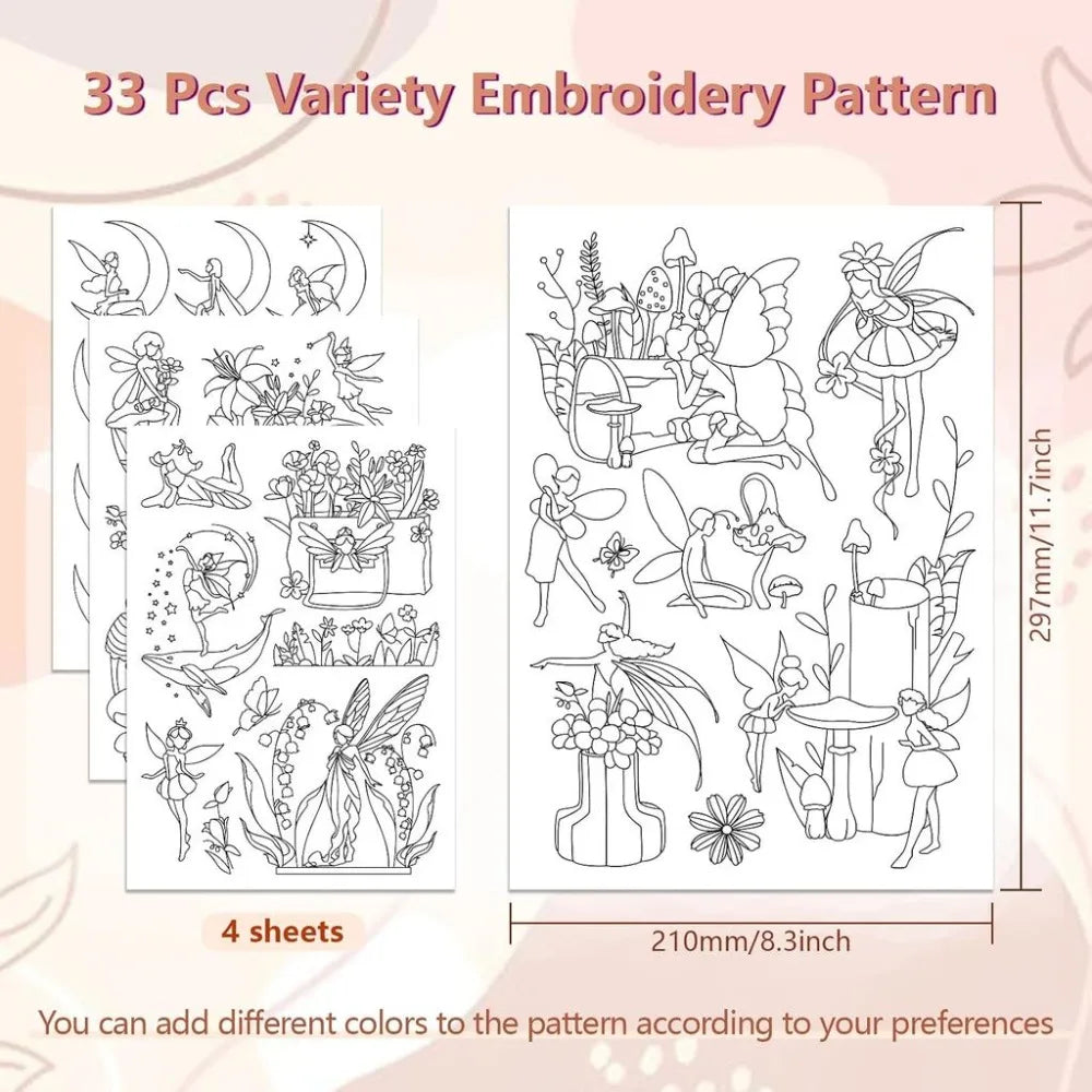 Water Soluble Embroidery Patterns – 4 Sheets & 33 Fairy Designs Embroidery Pattern Kit Axl