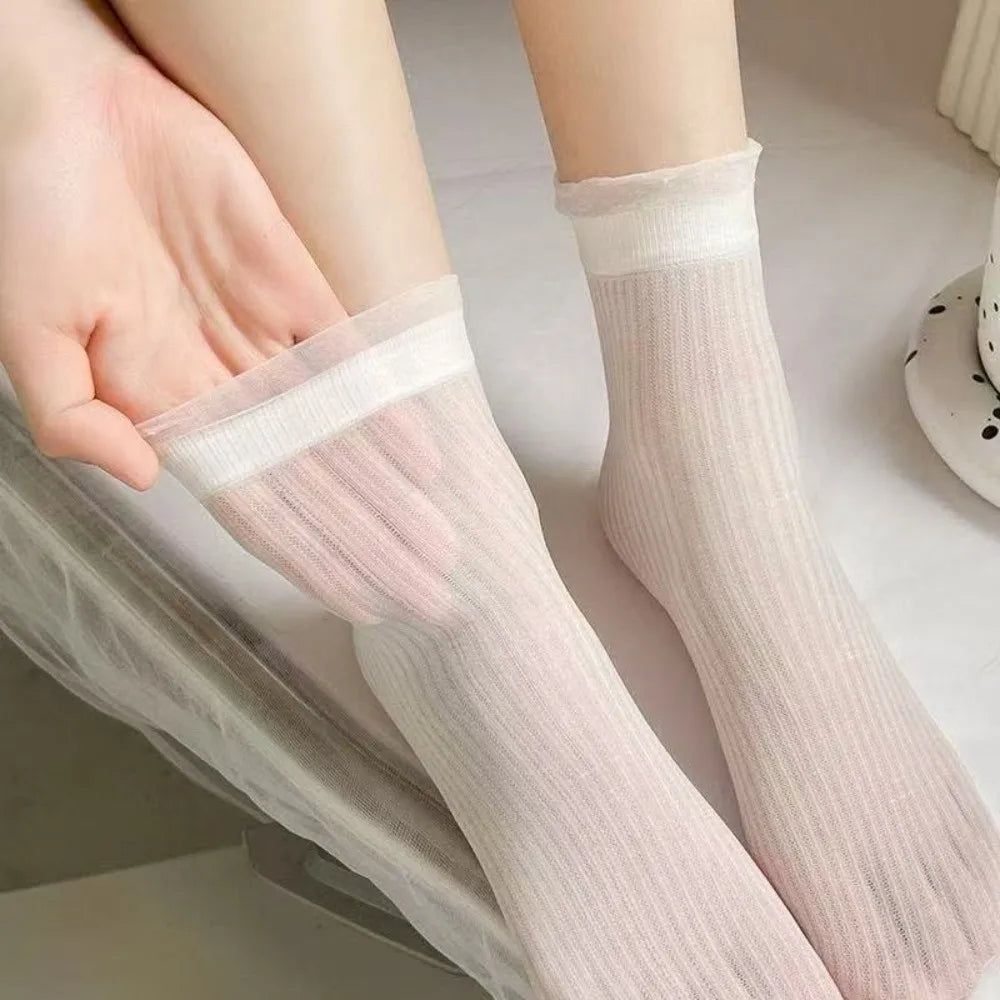 Ruffled Lace Transparent Socks – Ice Silk Mesh Ultra-Thin Lolita Lace Fashion Socks Axl