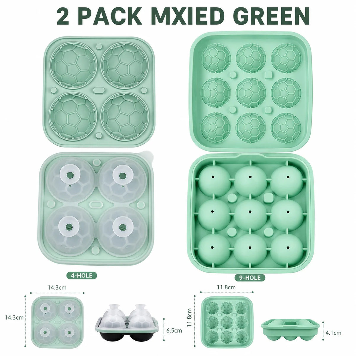 3D Soccer Ball Silicone Ice Mold – 9-Cavity Football Sphere Tray Silicone Ice Mold Axl 2 PACK Mxied Green