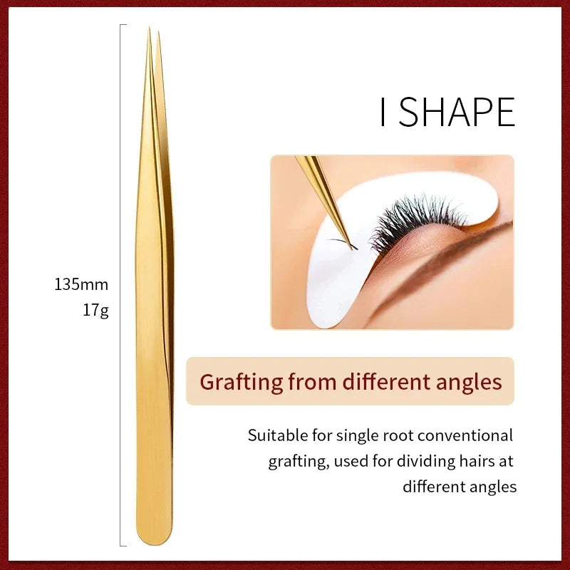 Precision 3D Lash Extension Tweezers – Stainless Steel Pro Clip Lash Extension Tweezers Axl Gold I Shape