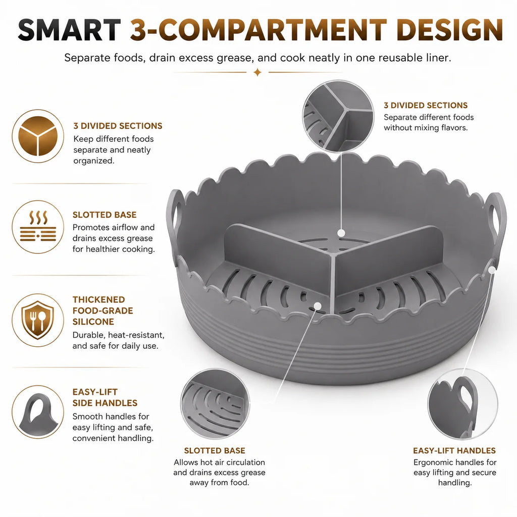 Silicone Air Fryer Liner – 3-Compartment Divider & Grease Filter Silicone Baking Liner Axl