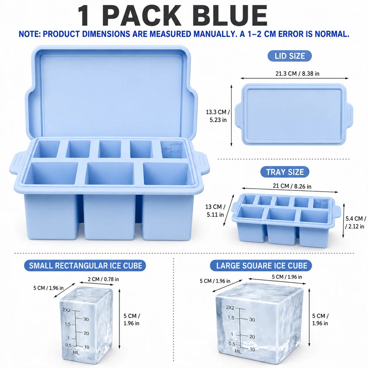 Silicone Ice Cube Tray with Metal Frame & Lid | 8 Large Cubes Silicone Ice Cube Tray Axl 1 Pack Blue