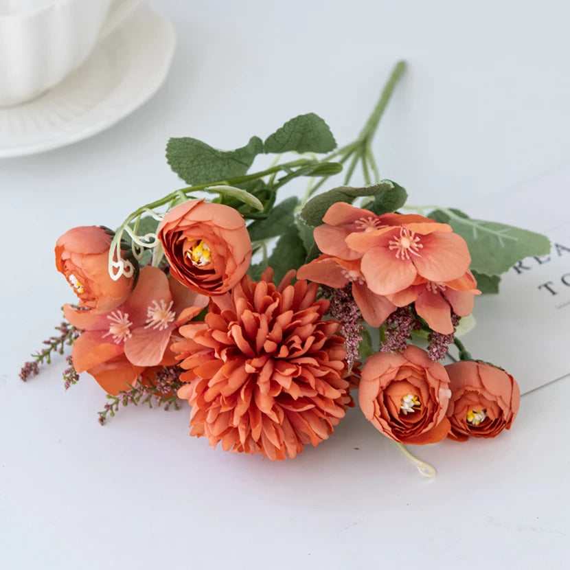 Silk Hydrangea Rose Bud Artificial Flowers – Wedding & Home Décor Artificial Silk Flowers Axl Orange 4 pcs