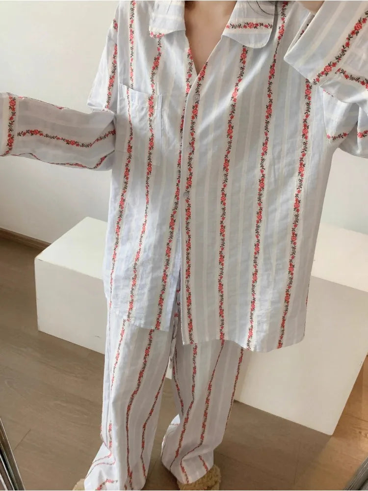 Women's Floral Striped Pajama Set – Soft Lapel Lounge Wear Women's Pajama Set Axl