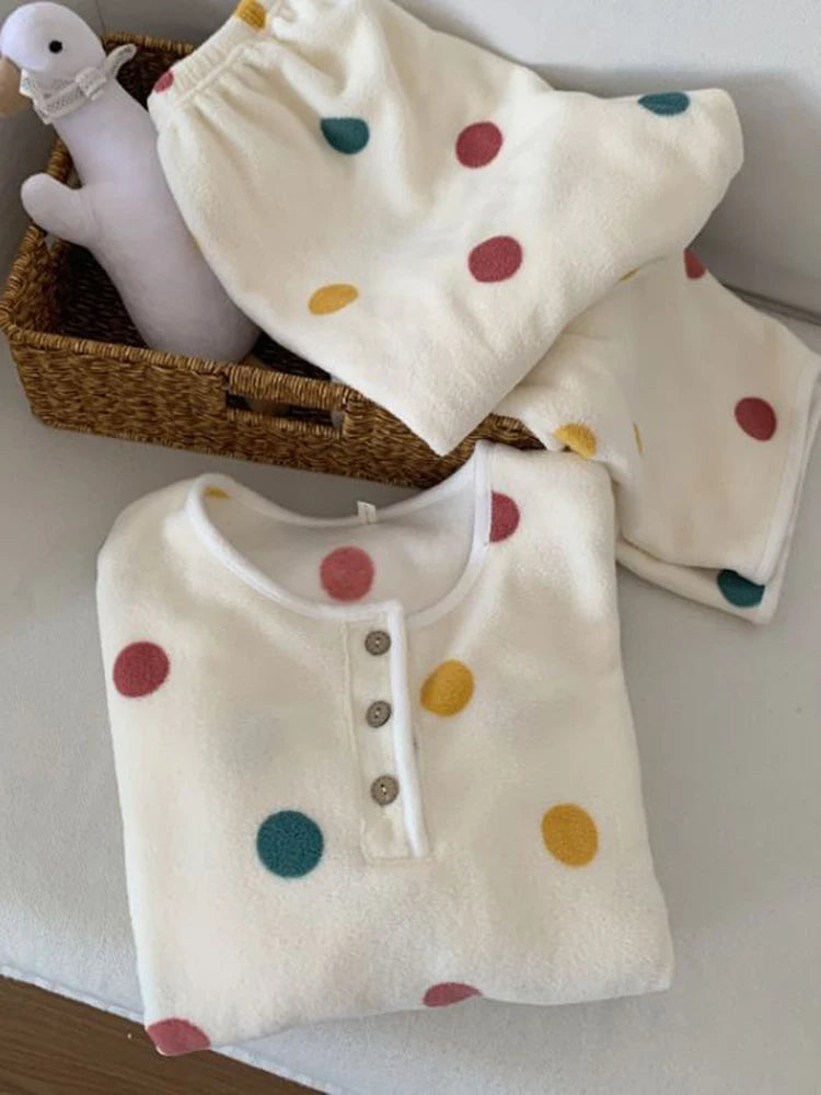 Women's Fleece Pajama Set – Plush Thermal Print Loungewear 2 Pc Fleece Pajama Set Axl DL8656 colorful dots 1XL