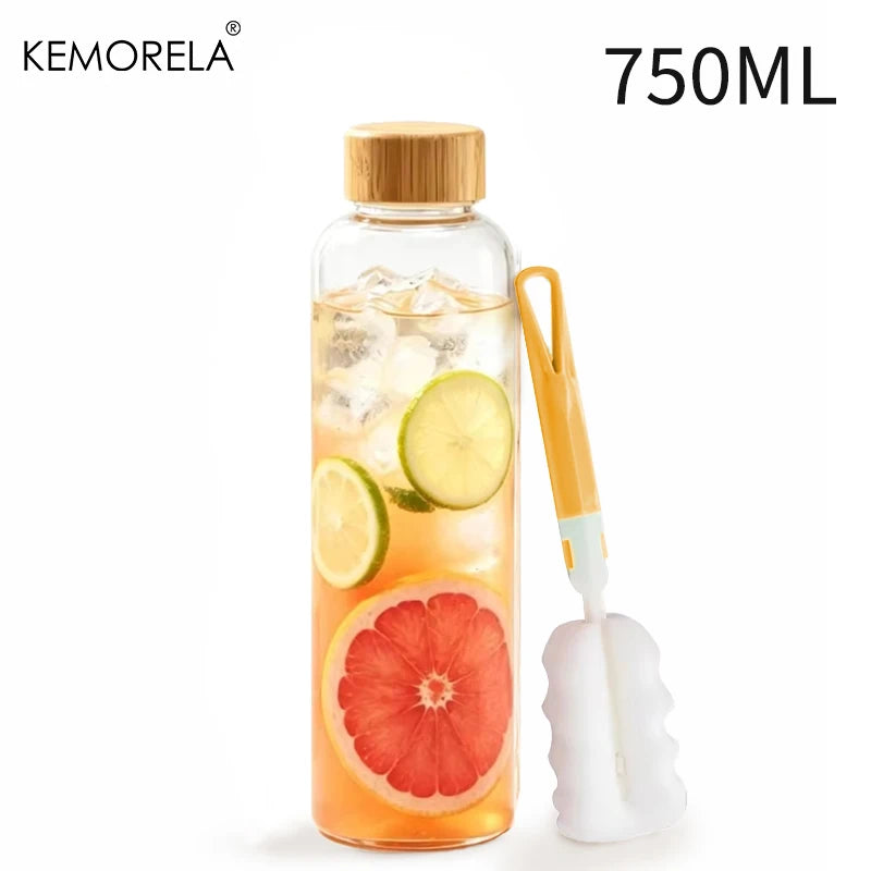 Glass Water Bottle Wooden Lid 500/750/1000ml + Cleaning Brush Glass Water Bottle Axl 750ML 500-1000ML