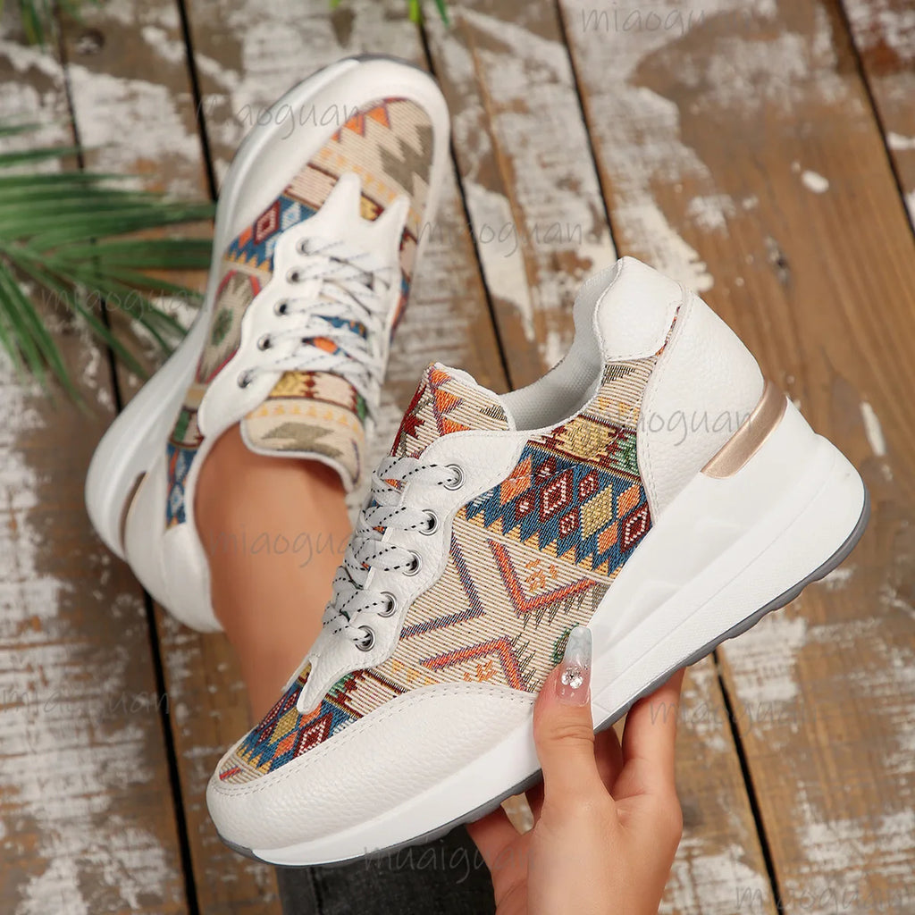 Women's Bohemian Wedge Platform Sneakers – Geometric Pattern Platform Wedge Sneakers Axl