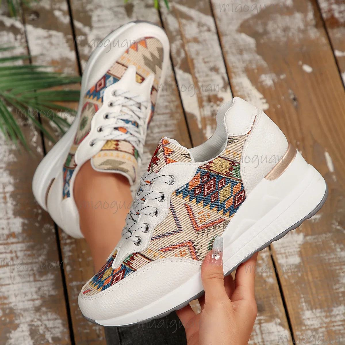 Women's Bohemian Wedge Platform Sneakers – Geometric Pattern Platform Wedge Sneakers Axl