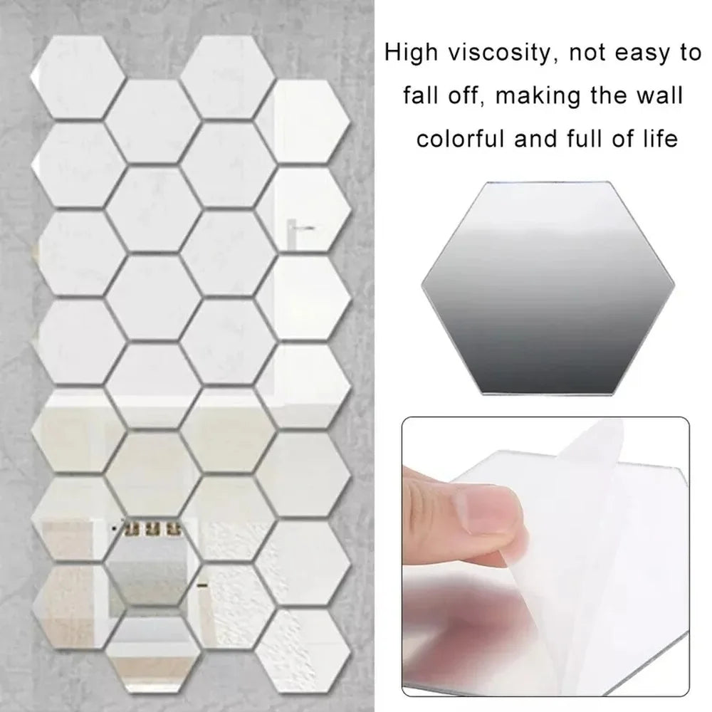 12-Pc 3D Hexagon Acrylic Mirror Wall Stickers | Gold & Silver Mirror Wall Stickers Axl