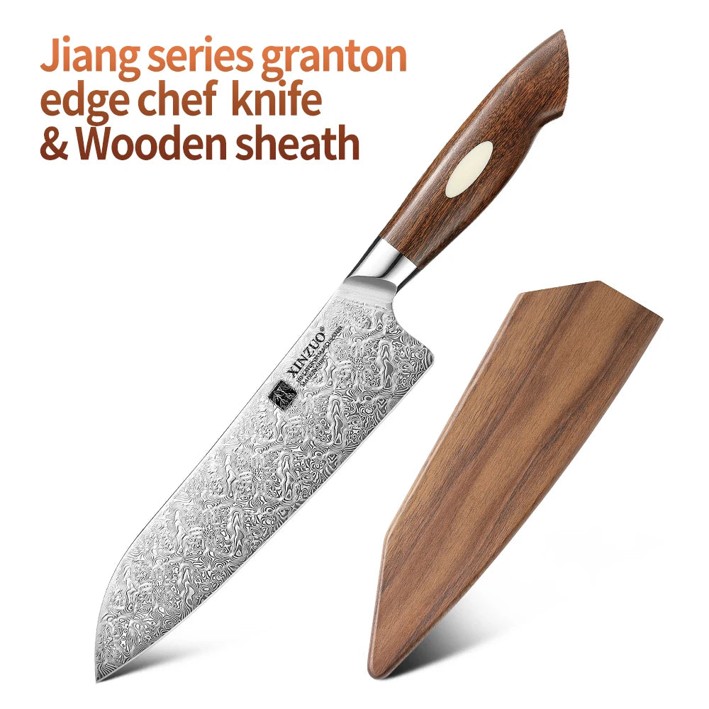XINZUO 7.8" 110-Layer Damascus Steel Chef's Knife | Jiang Series Damascus Chef's Knife Axl with Wooden sheath