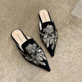 Women's Embroidery Pointed Toe Mule Slides – Elegant Flat Slippers Women's Mule Slides Axl Black gold 38