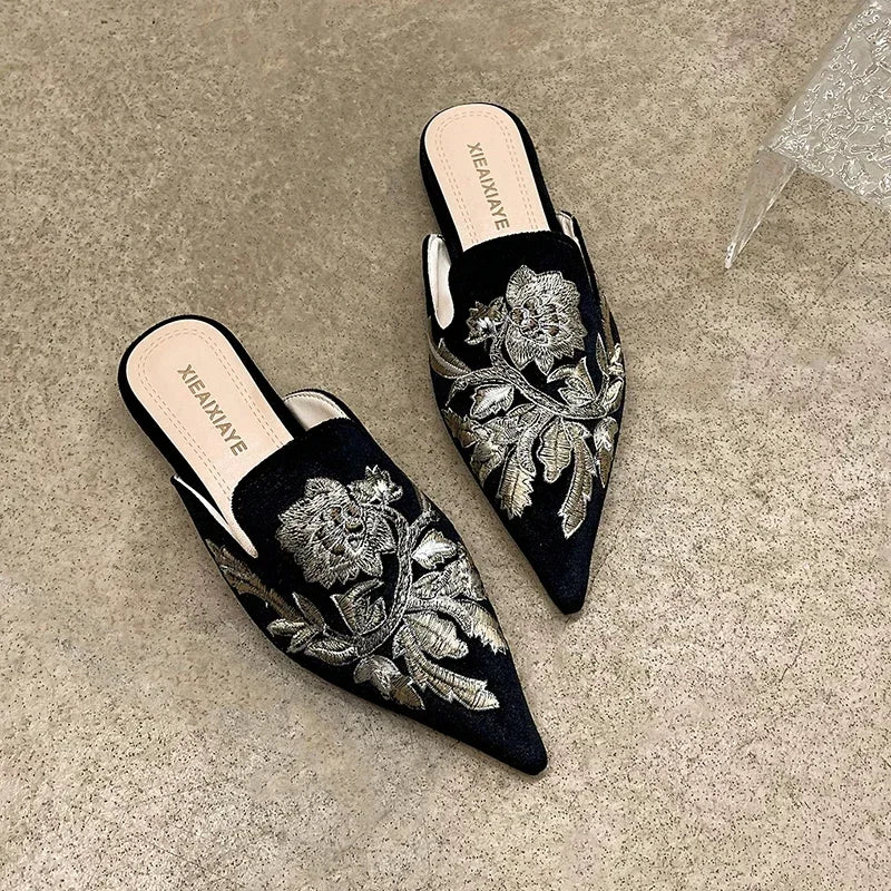 Women's Embroidery Pointed Toe Mule Slides – Elegant Flat Slippers Women's Mule Slides Axl Black gold 38