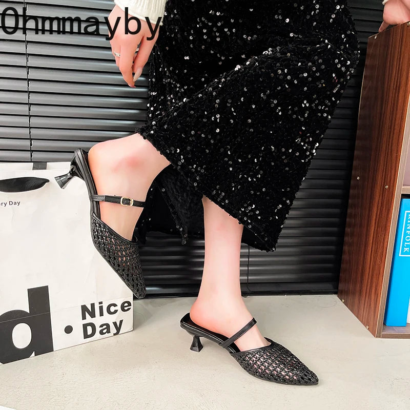 Women's Hollow Weave High Heel Mules – Square Heel Dress Slides High Heel Mules Axl