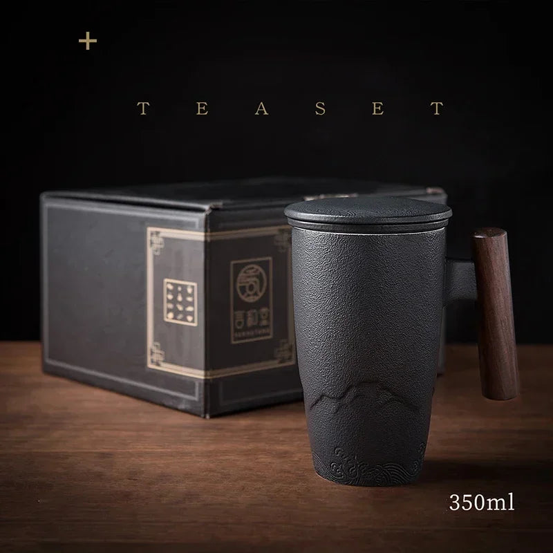Retro Ceramic Tea Mug with Lid, Filter & Wooden Handle Ceramic Tea Mug Axl
