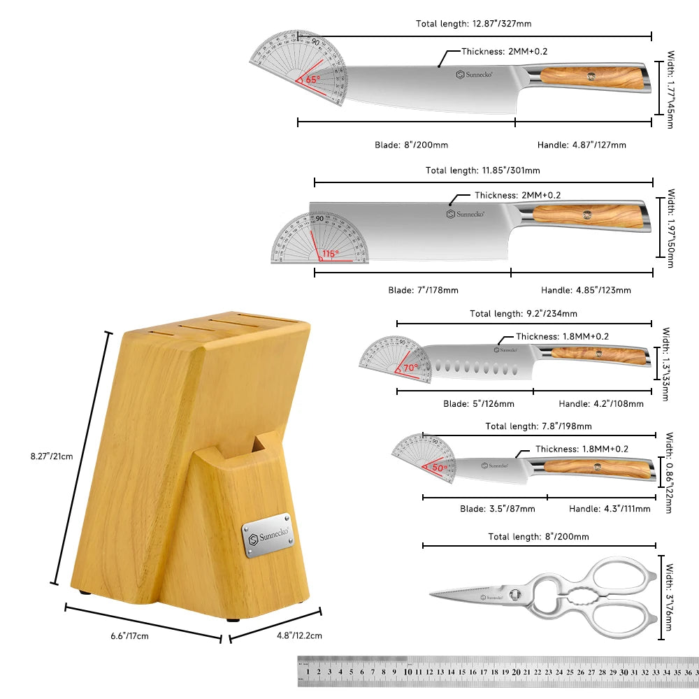 Sunnecko 6-Piece Kitchen Knife Block Set – Olive Wood Handle Kitchen Knife Set Axl