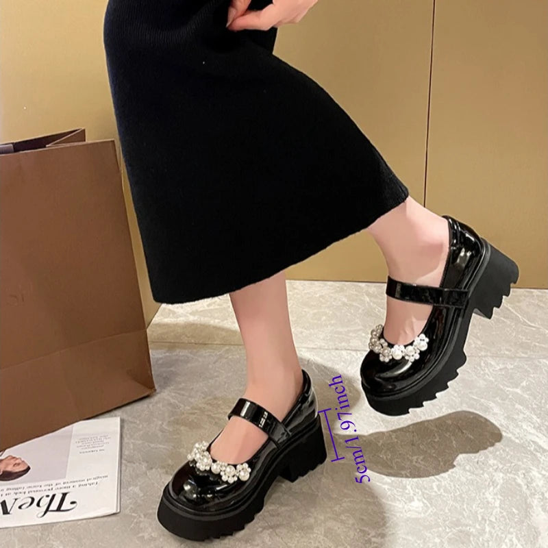 Pearl Decor Mary Jane Loafers – Lolita Thick Sole Heels Mary Jane Loafers Axl