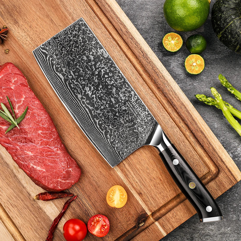 Sunnecko 7" Damascus VG10 Cleaver Knife & Kitchen Scissors Set Damascus Cleaver Set Axl