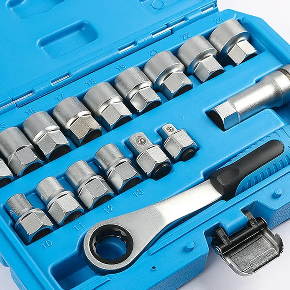 17-Pc Pass-Through Socket Set | Reversing Ratchet Wrench Kit Socket Wrench Set Axl