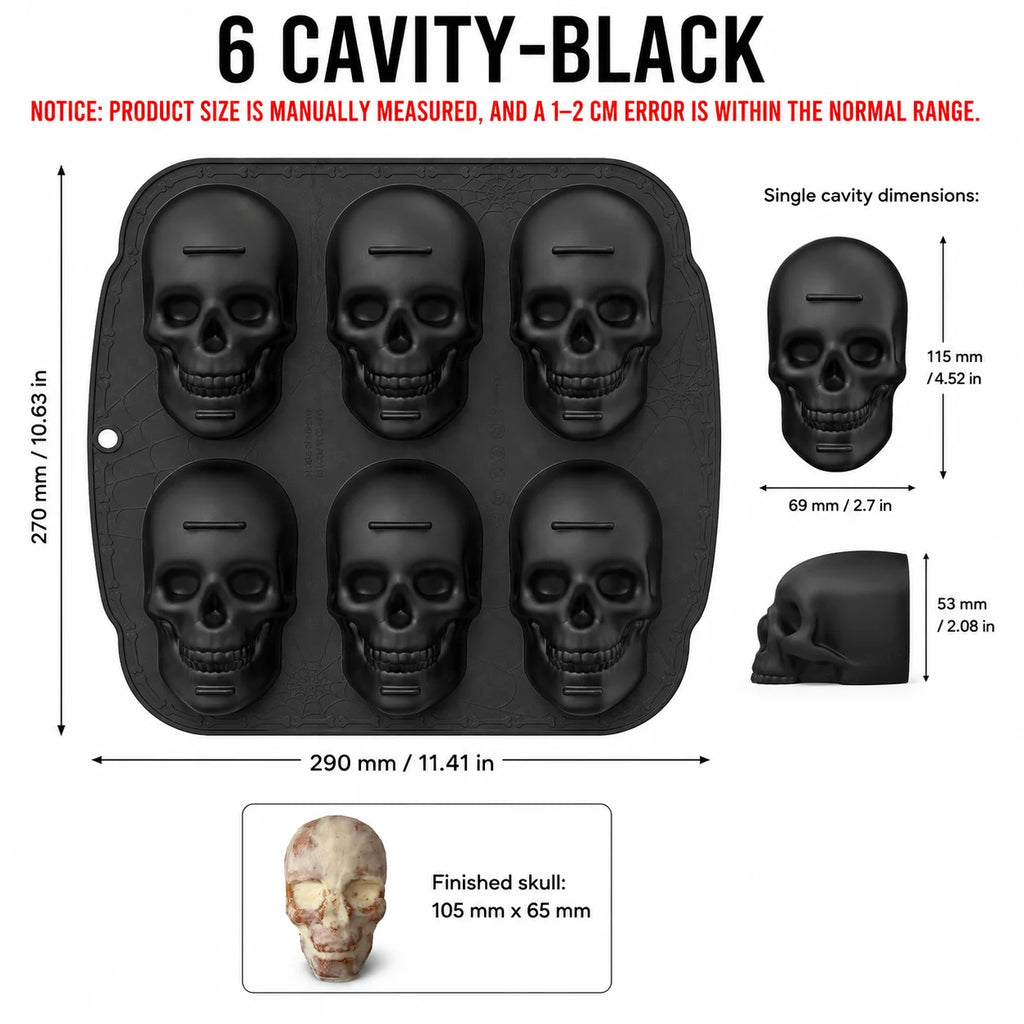 6-Cavity Skull Silicone Baking Mold | Halloween Cake & Chocolate Pan Silicone Baking Mold Axl 6 Cavity-Black