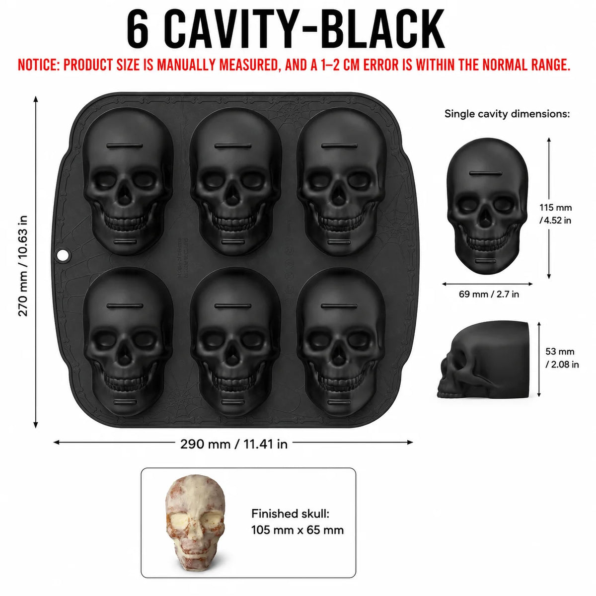 6-Cavity Skull Silicone Baking Mold | Halloween Cake & Chocolate Pan Silicone Baking Mold Axl 6 Cavity-Black