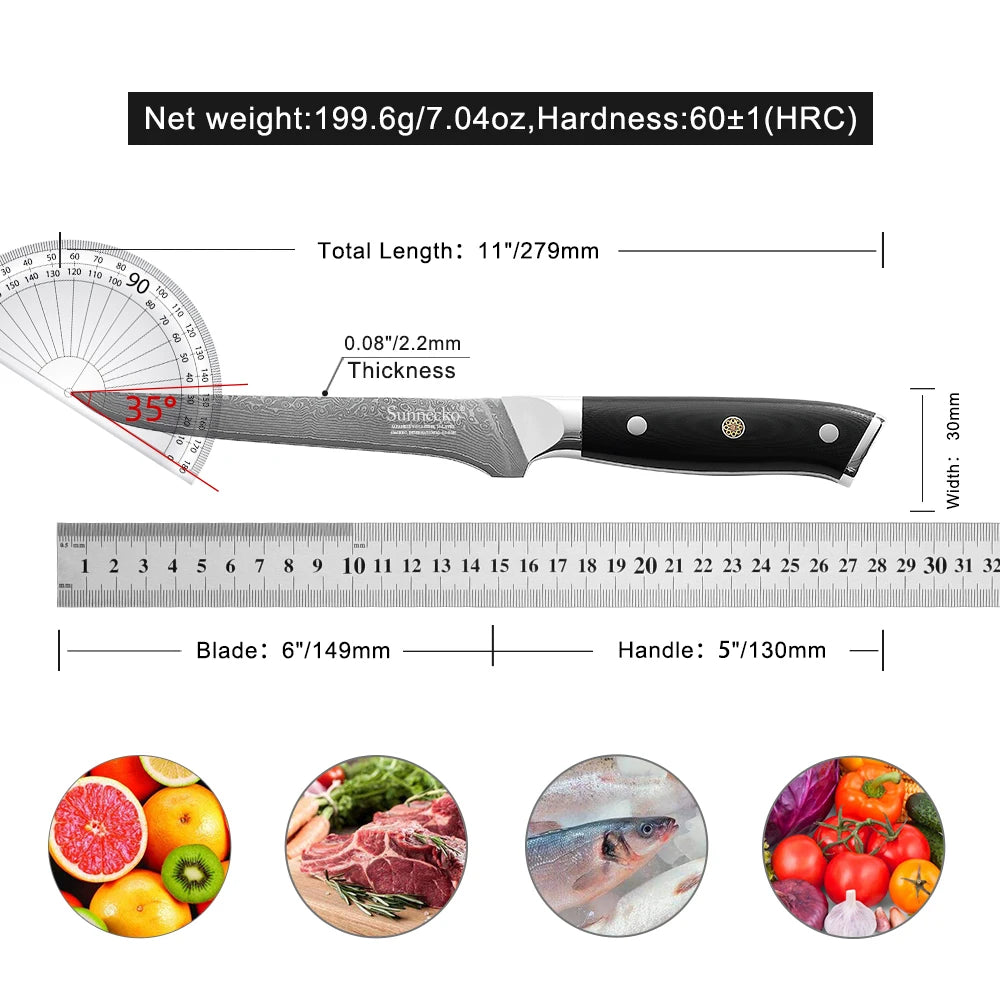 Sunnecko 6" Damascus Boning Knife – 73-Layer VG10 Steel Boning Fillet Knife Axl