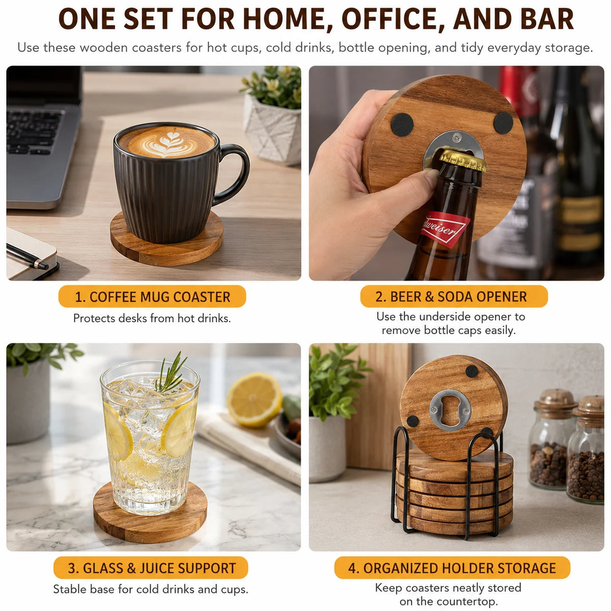 Wooden Coaster with Bottle Opener 2-in-1 | 6 or 8 Pack Bar Coaster Set Axl