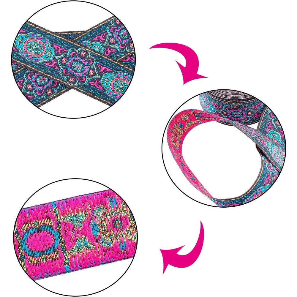 Ethnic Floral Embroidery Ribbon 33mm Magenta – 7m Polyester Embroidery Ribbon Axl