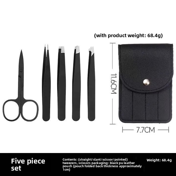 Precision Stainless Steel Eyebrow Tweezers Set – Slant & Flat Tip Eyebrow Tweezers Set Axl 5Set with leather ca