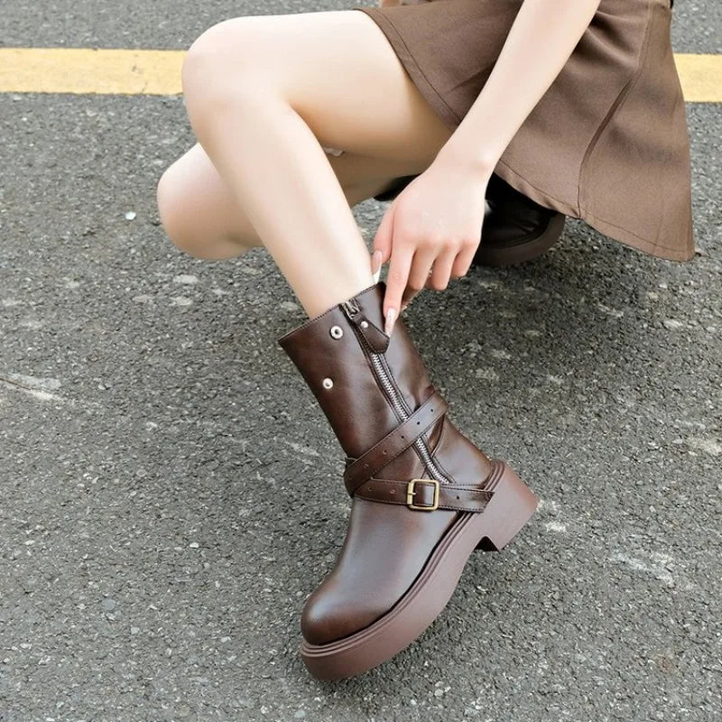 Women's Retro Mid-Calf Boots – Buckle Strap Round Toe Women's Mid-Calf Boots Axl