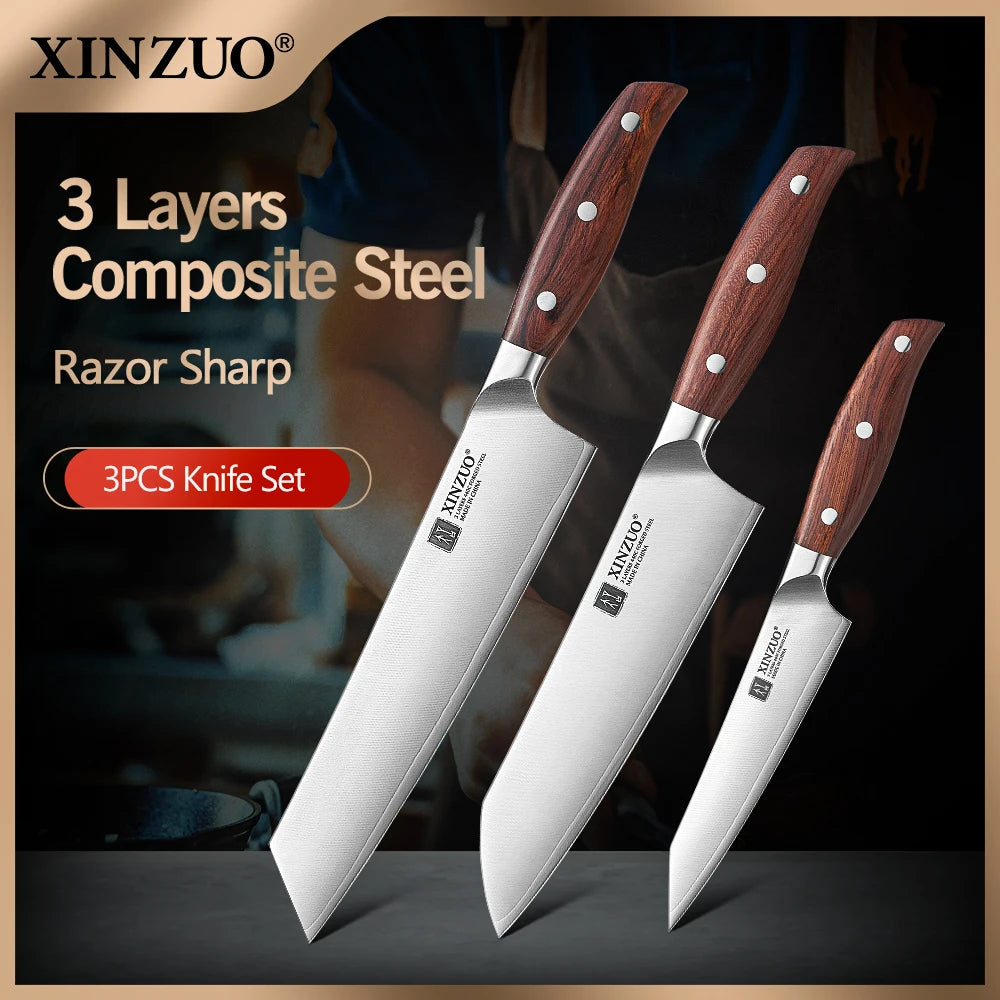 XINZUO 3-Piece Knife Set – Bunka Santoku Utility 440C Steel Kitchen Knife Set Axl