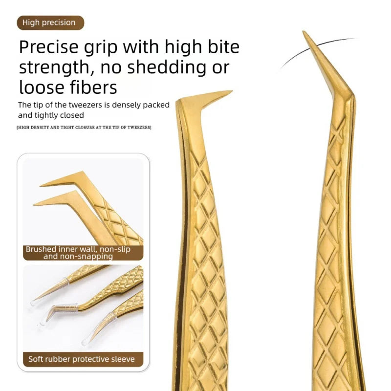 Golden Net Pattern Eyelash Extension Tweezers | Precision Lash Clip Eyelash Tweezers Axl