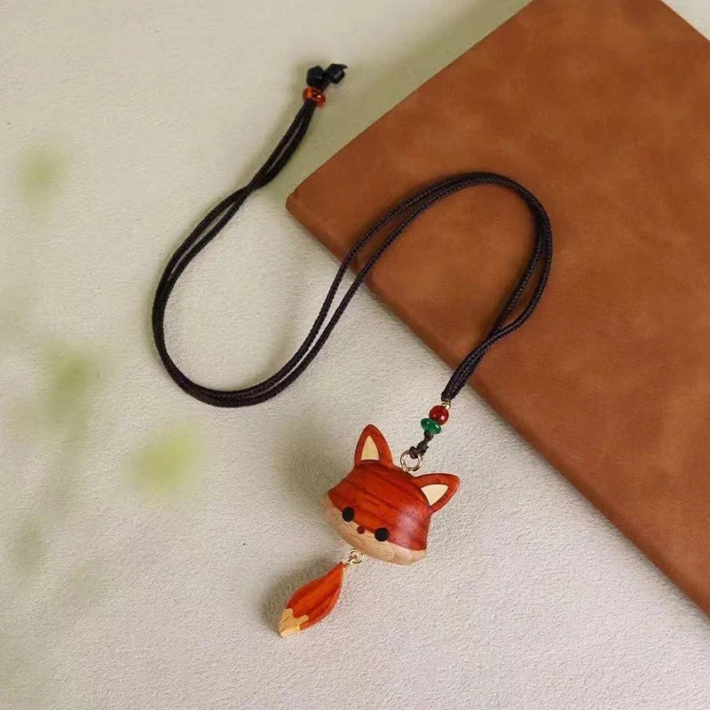 Hand-Carved Wood Fox Pendant Necklace & Keychain Charm Wood Pendant Necklace Axl 01
