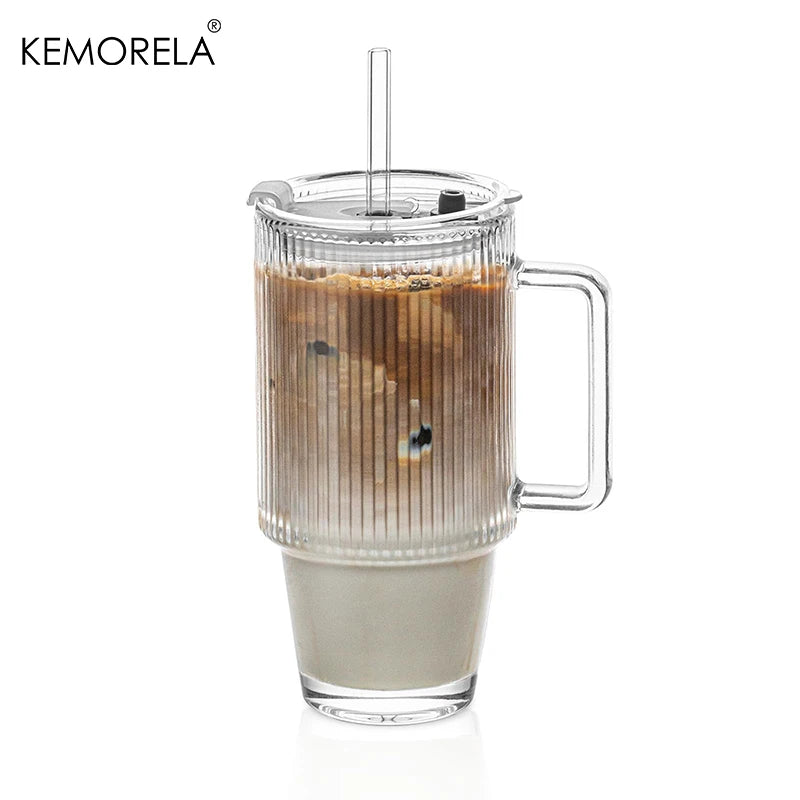 KEMORELA 700ml Striped Glass Cup with Lid, Straw & Handle Glass Drinking Cup Axl 1PCS 700ml