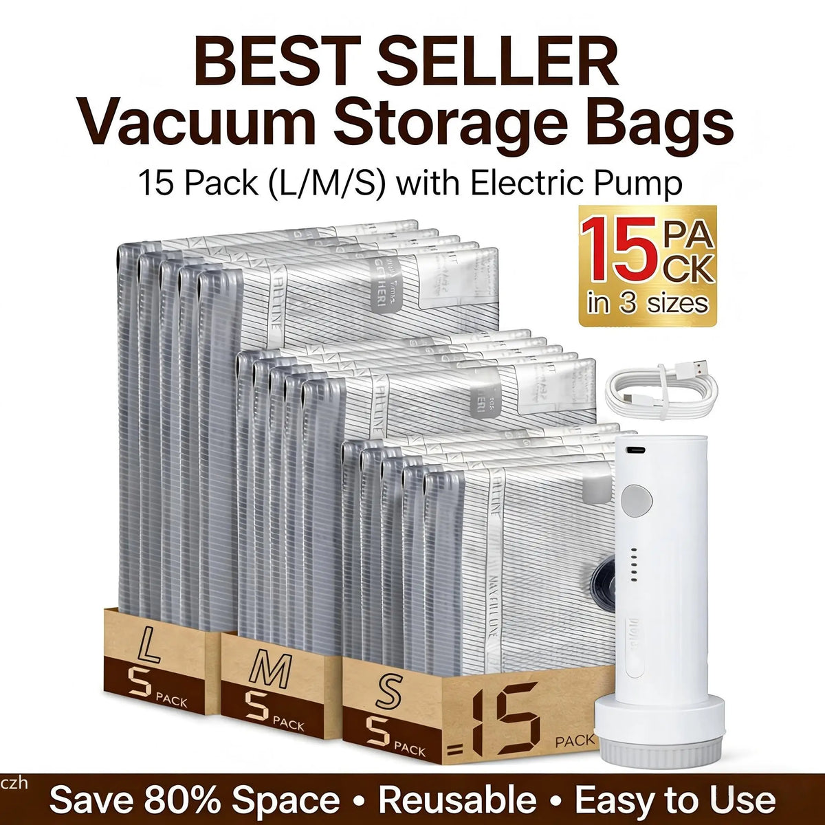 Vacuum Compression Bags for Travel + Rechargeable Pump – 15 Pack Vacuum Storage Bags Axl