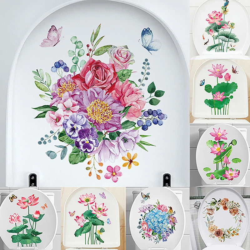 Floral Toilet Lid & Bathroom Wall Sticker – Self-Adhesive PVC Wall Sticker Decal Axl