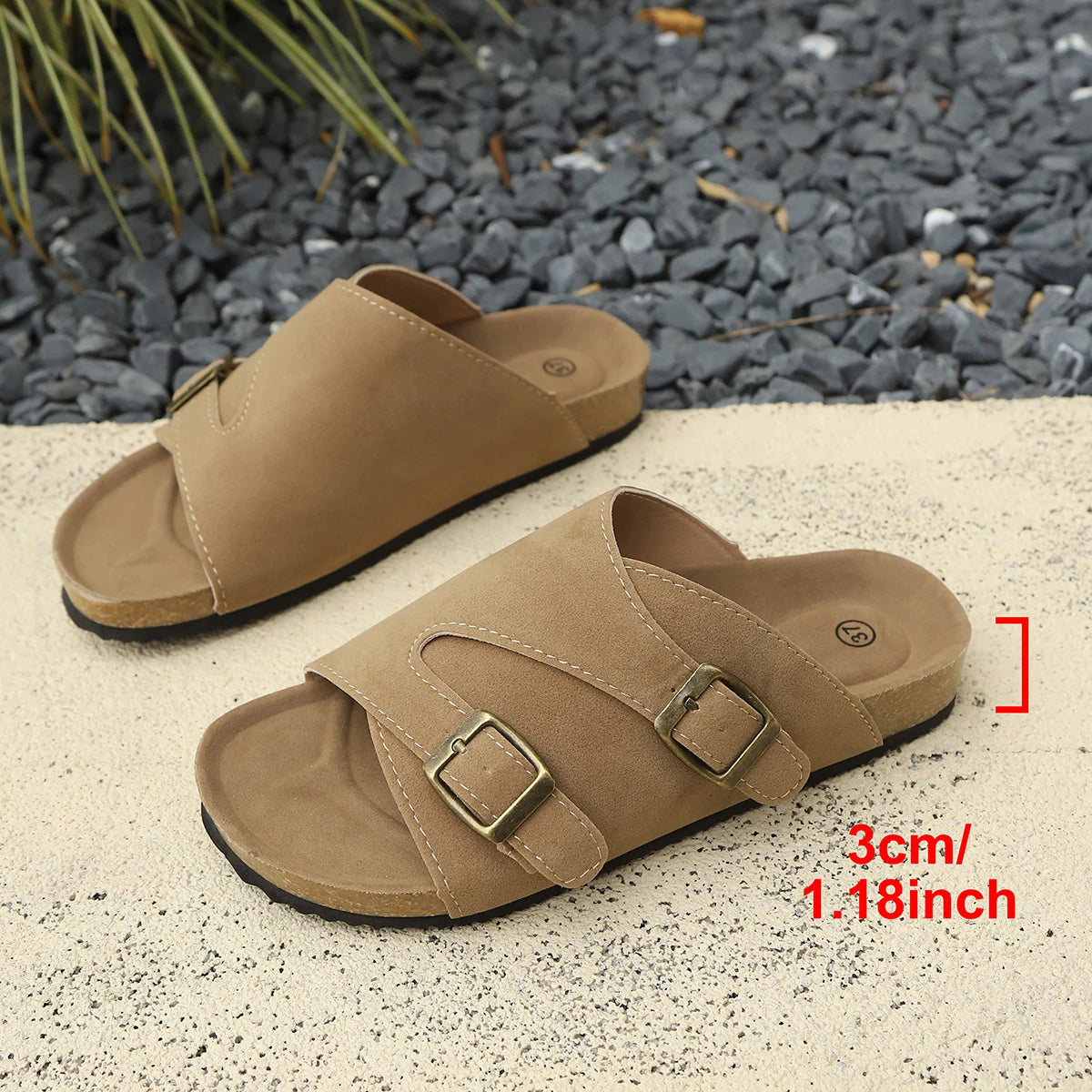 Women's Faux Suede Cork Sandals Double Buckle Flat Slides Cork Flat Sandals Axl 42 Khaki