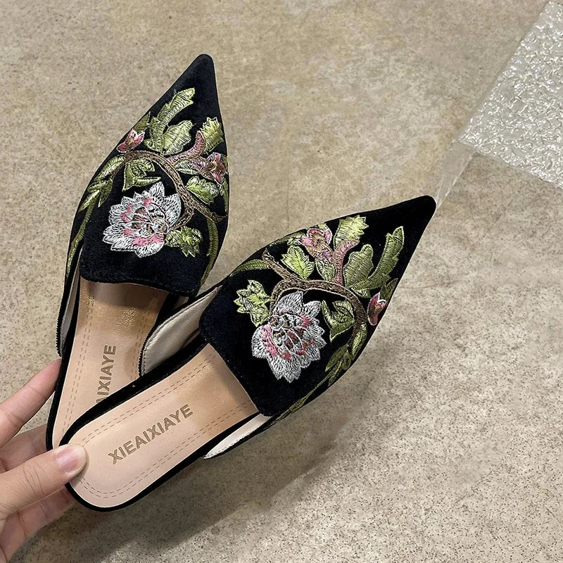 Women's Embroidery Pointed Toe Mule Slides – Elegant Flat Slippers Women's Mule Slides Axl Black green 39