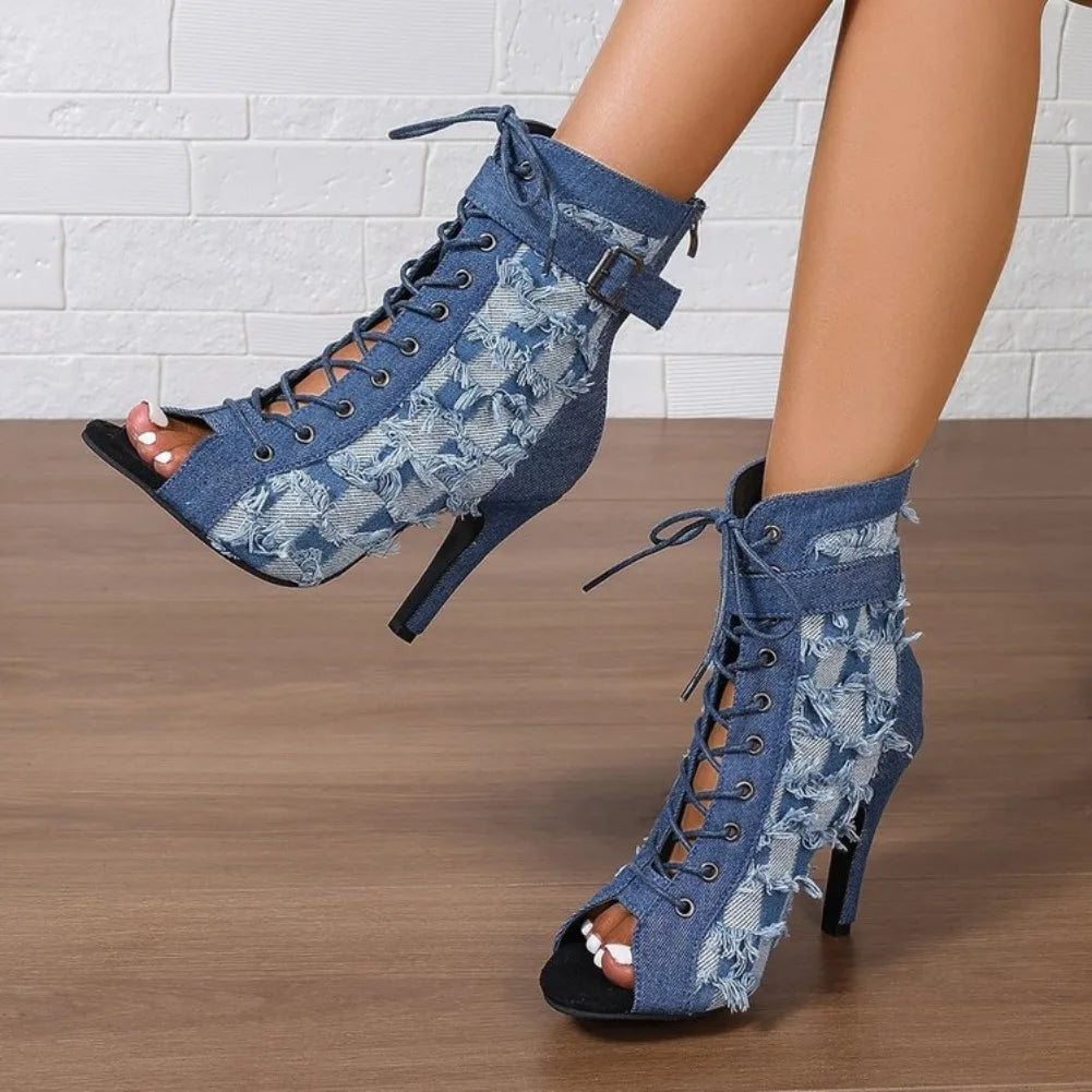 Women's Denim Peep Toe Ankle Boots – High Heel Short Booties Ankle Booties Axl