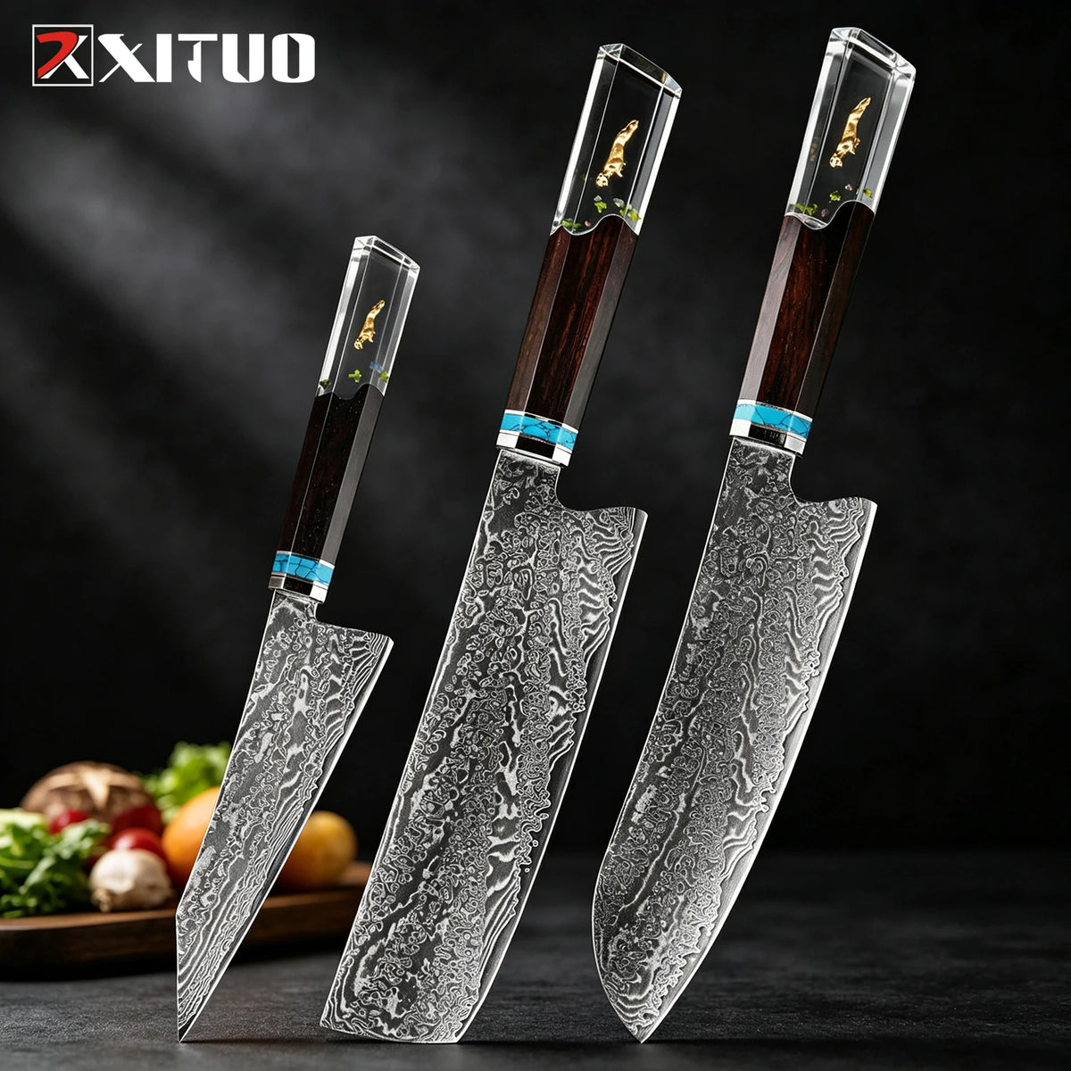 XITUO 8-Pc Damascus Steel Chef Knife Set | Resin Handle Chef Knife Set Axl 3PCS Knife B 1