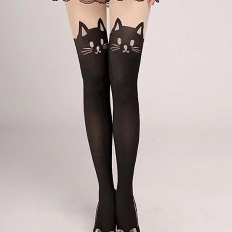 Cat Print Thigh High Socks – Women's Over Knee Long Stockings Thigh High Socks Axl 1 One Size