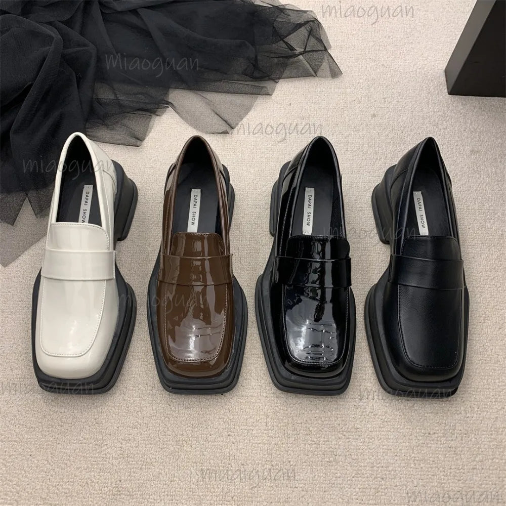 Women's British Retro Square Toe Slip-On Loafer Pumps Women's Loafer Pumps Axl