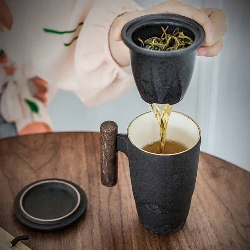 Retro Ceramic Tea Mug with Lid, Filter & Wooden Handle Ceramic Tea Mug Axl