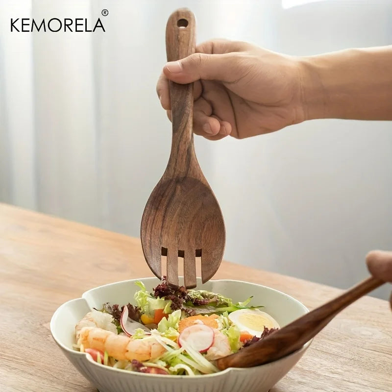 KEMORELA Acacia Wood Salad Servers – Long Handle Spoon & Fork Wood Salad Servers Axl